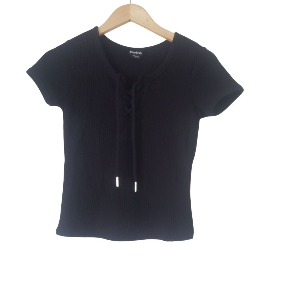 Bebe Womens Black Lace Up Short Sleeve Shirt Size M Y2K Grunge‎ Goth Baddie